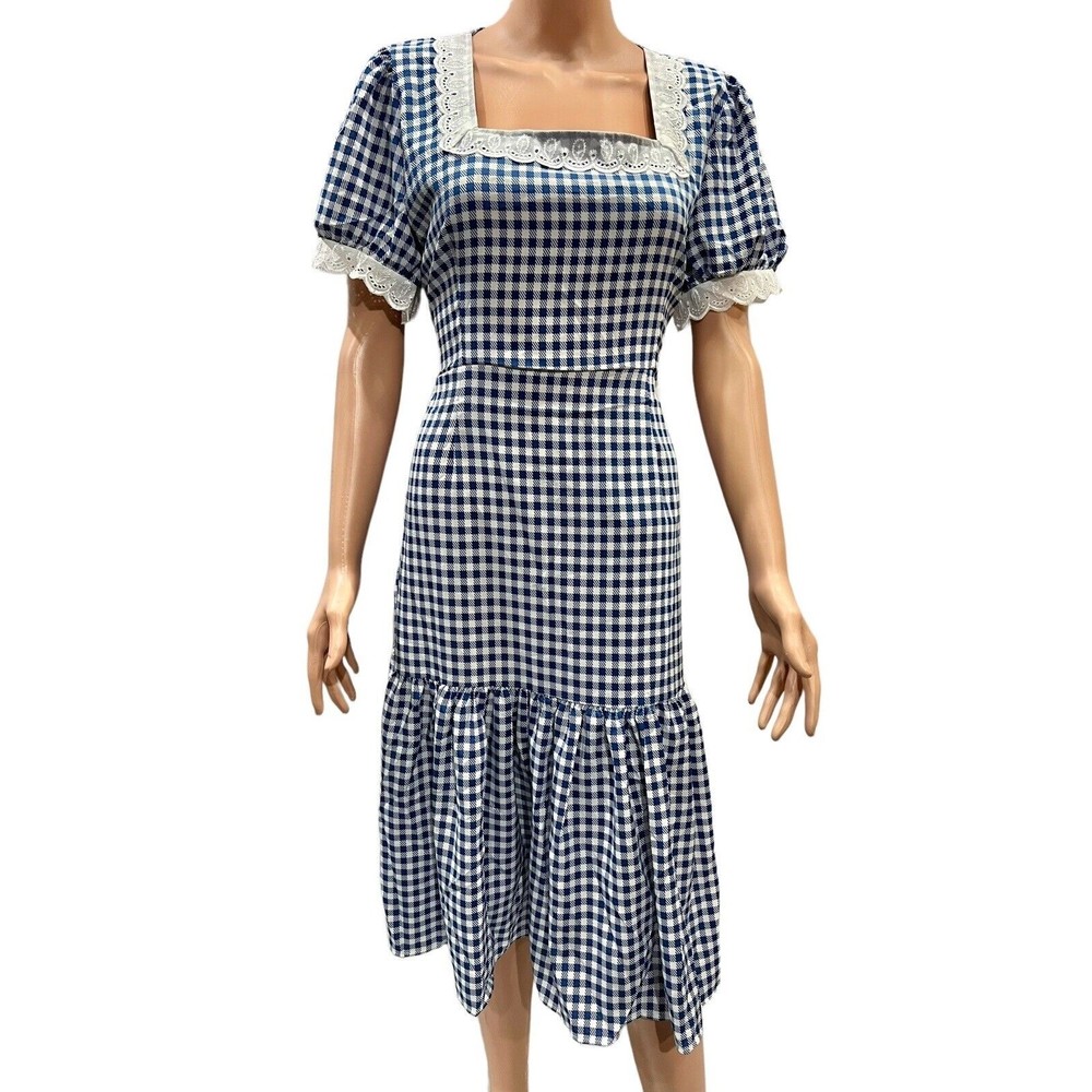 NWT Vintage Retro Style Blue Check Lace Square Neck Dress Tie Back Fits Size SML